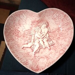 Vintage pink cherubs heart shaped ceramic plate made in Italy tiny hair line cra